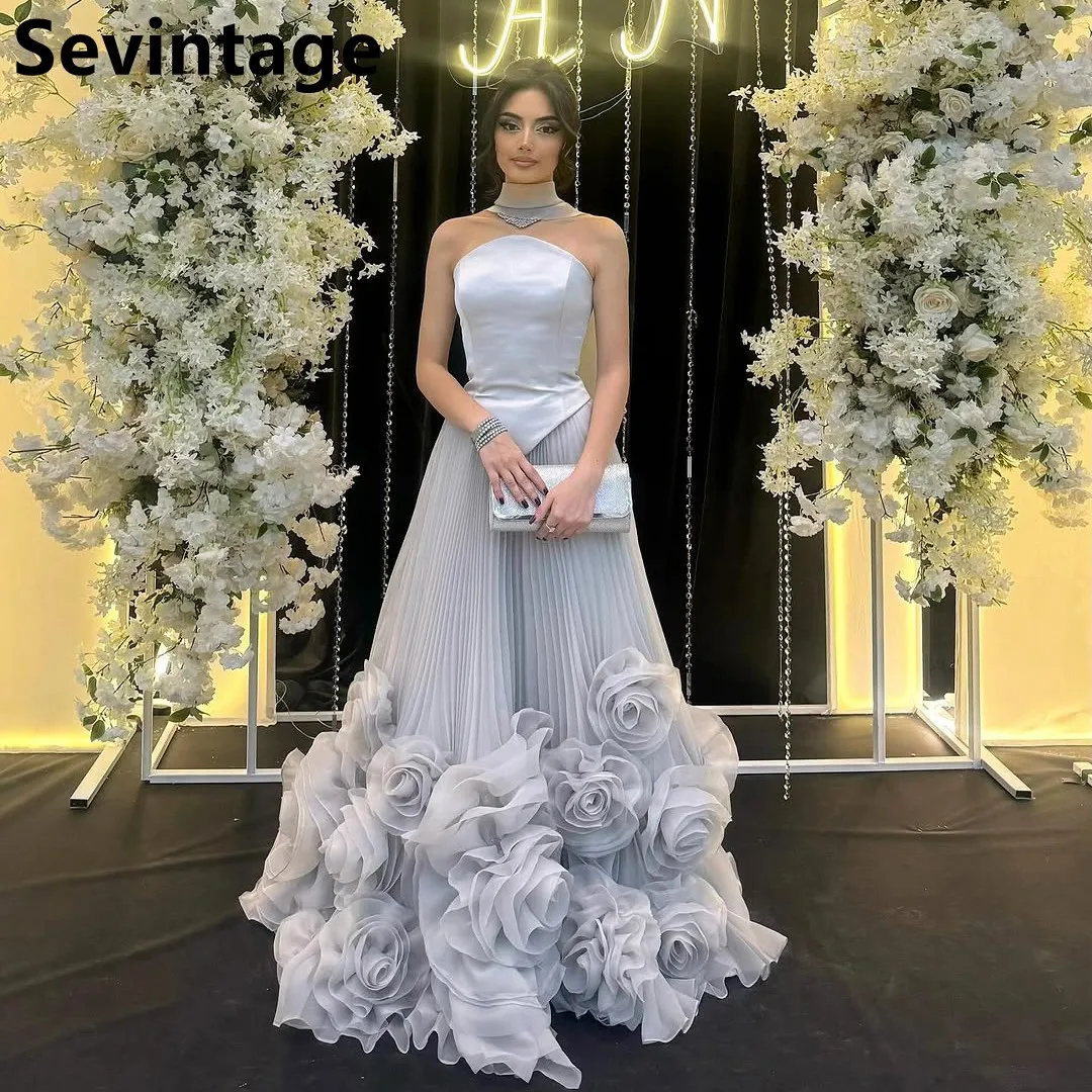 

Sevintage Silver A Line Strapless Evening Dress Luxury Prom Party Dress 3D FLowers Women Dubai Formal Gowns Customized