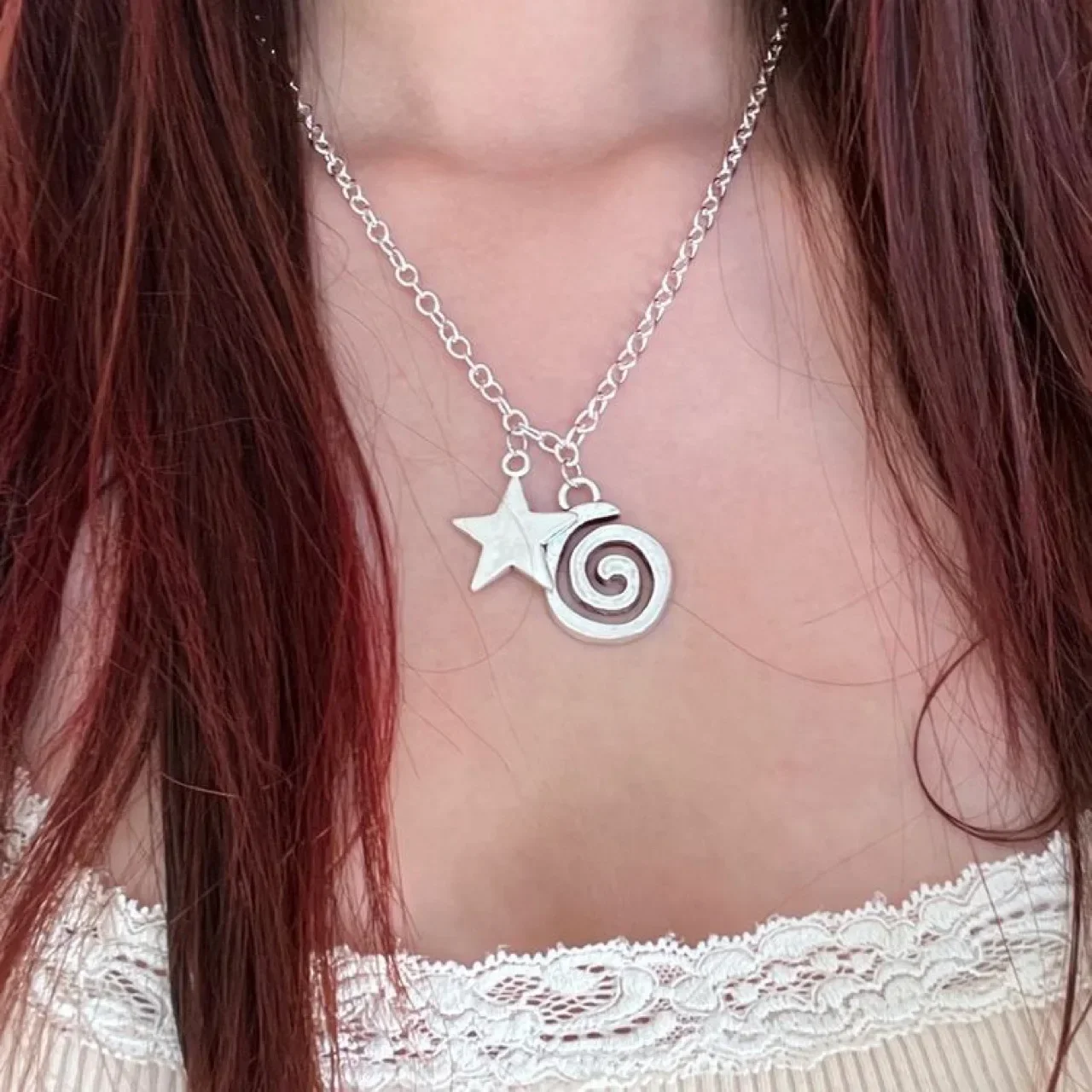 Gothic Vintage Silver Color Spiral Vortex Star Pentagram Pendant Chain Necklace For Women Men Unisex Boho Hip Hop Y2K Jewelry