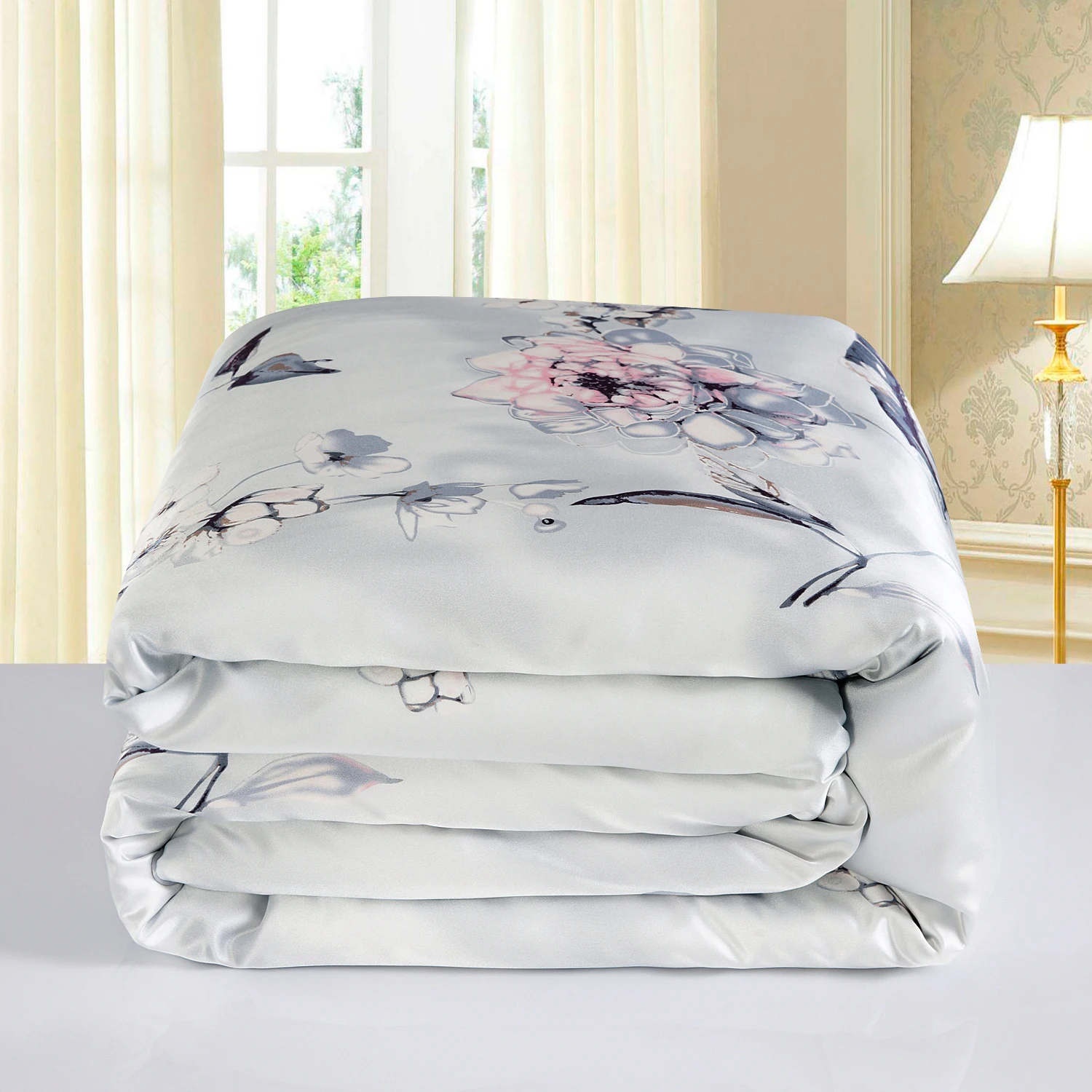 طقم سرير حريري 4 قطعة 100% غطاء لحاف حرير التوت ورقة مسطحة المخدة ألوان مطبوعة ناعمة نقية مقاسات عديدة ls2106 #2