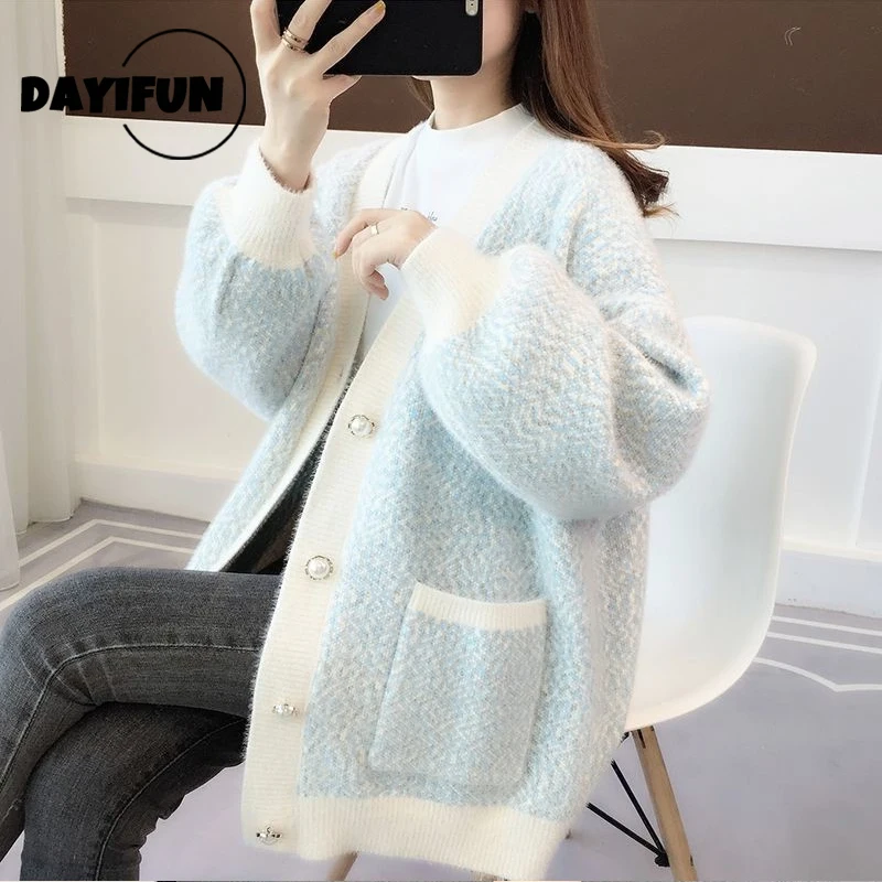 DAYIFUN-Women's Chenille Imitation Mink Wool Sweaters Knitting Cardigans with Pocket Long Sleeve Coats Autumn Winter 2023 Tops