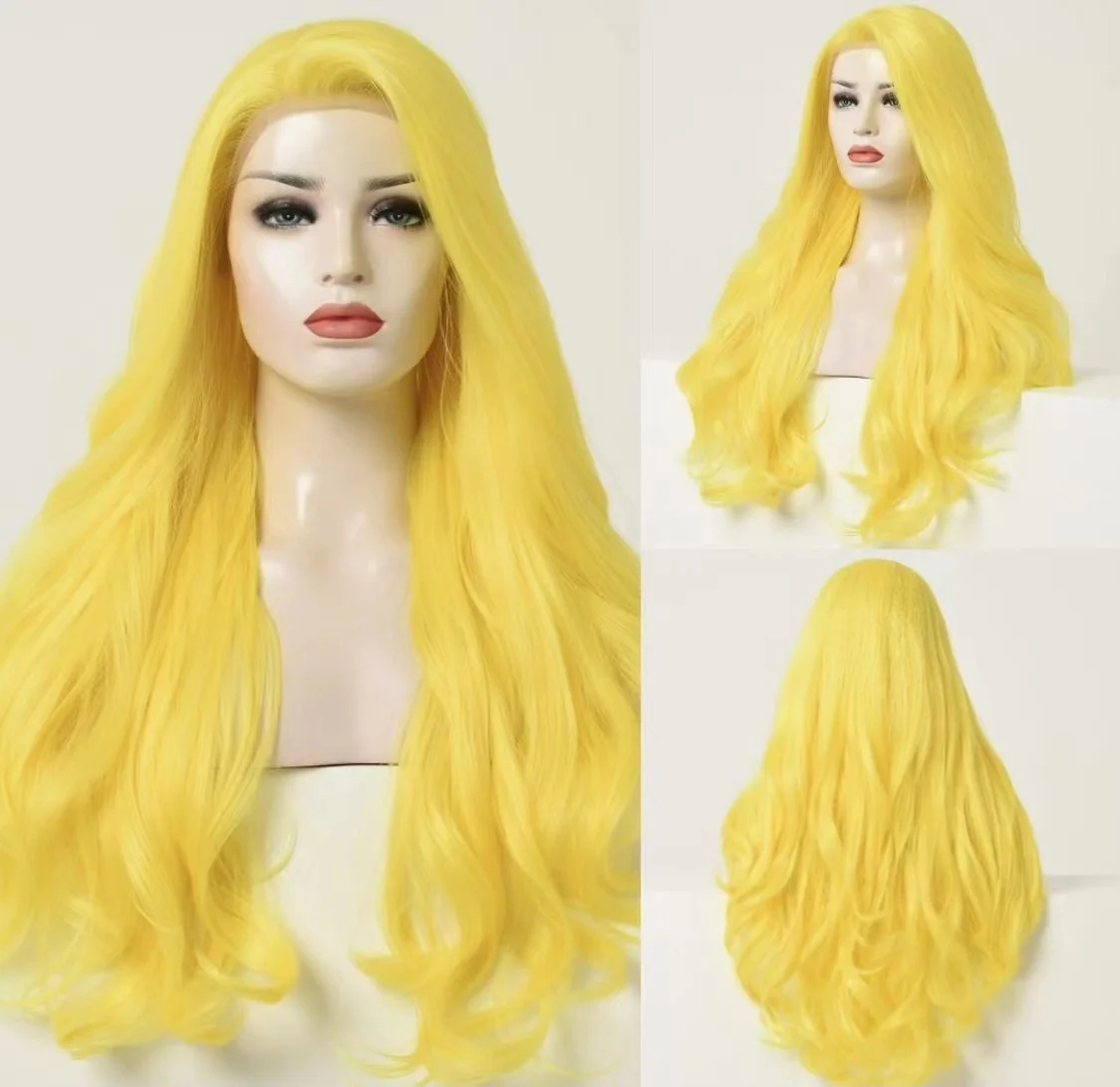 Long Body Wave Yellow Synthetic Lace Front Wigs for Woman Heat Resistant Fiber Hair Natural Hairline Side Part WomenWigs