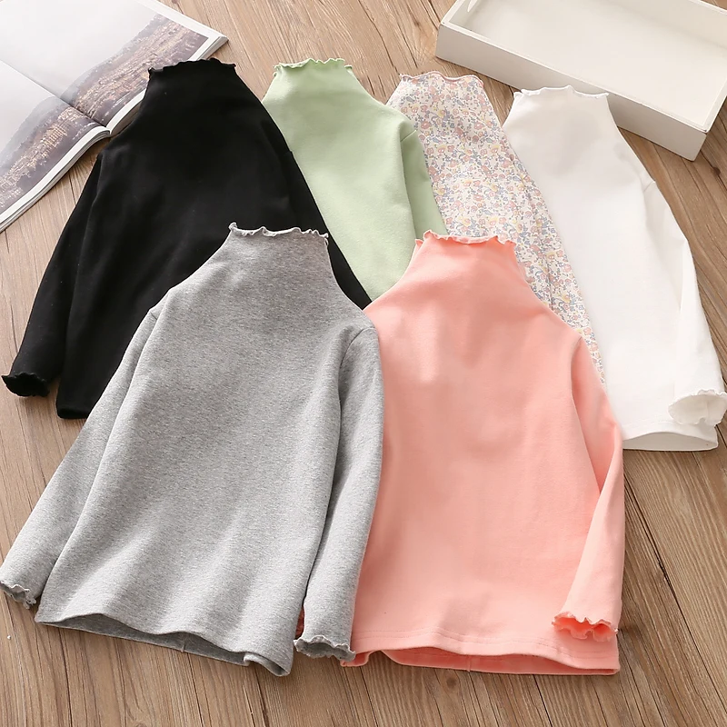 2025 Spring Autumn 2 3 4 6 8 10 Years Children'S Candy Color Turtleneck Long Sleeve T-Shirt For Kids Girls High Neck Basic Tops