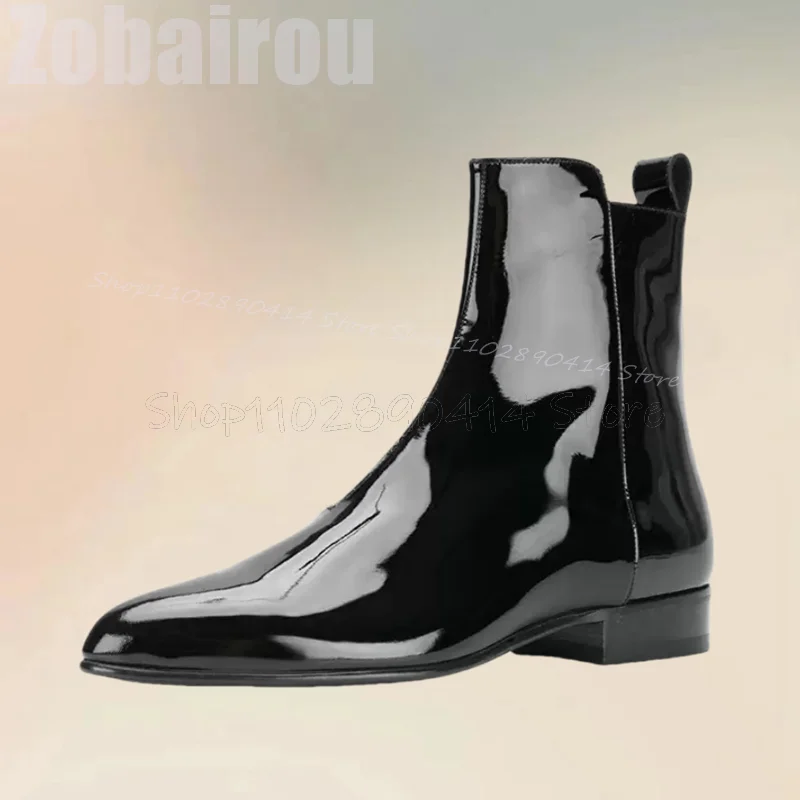 Sepatu bot pria kulit paten hitam boot ujung runcing pertengahan Betis mode ritsleting samping sepatu bot pria pesta mewah buatan tangan sepatu pesta kantor pria