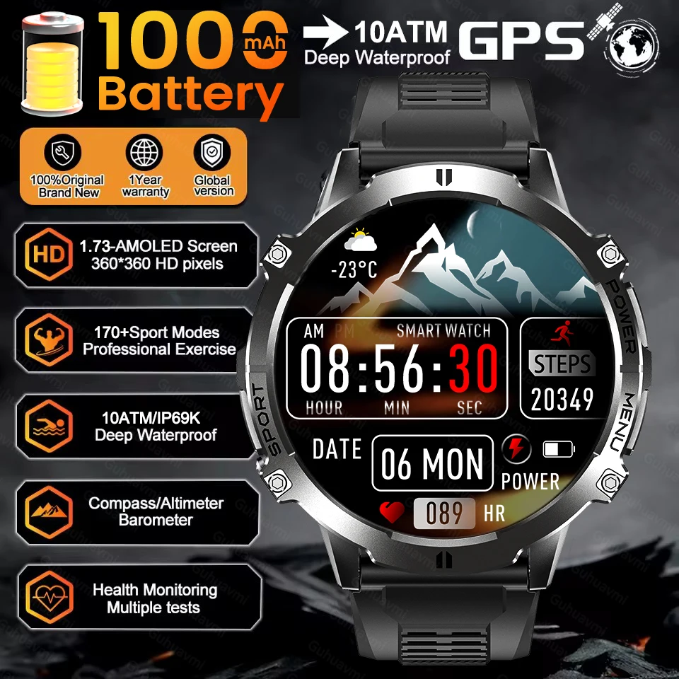 

Military Grade Men 1000mAh Battery Smart Watch Outdoor 10ATM Waterproof GPS Sports Tracking Heart Rate Bluetooth Call Smartwatch