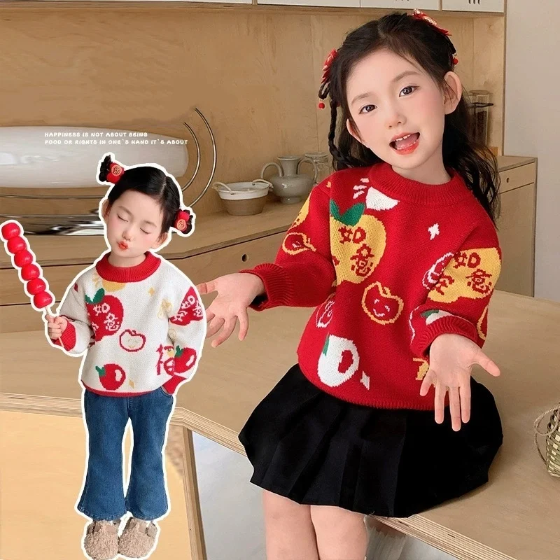 

Girls' New Year Autumn/Winter Warm Sweater 2026 Red Celebration Girls' Christmas and New Year Knitted Shirt Top 2-8 Years Old