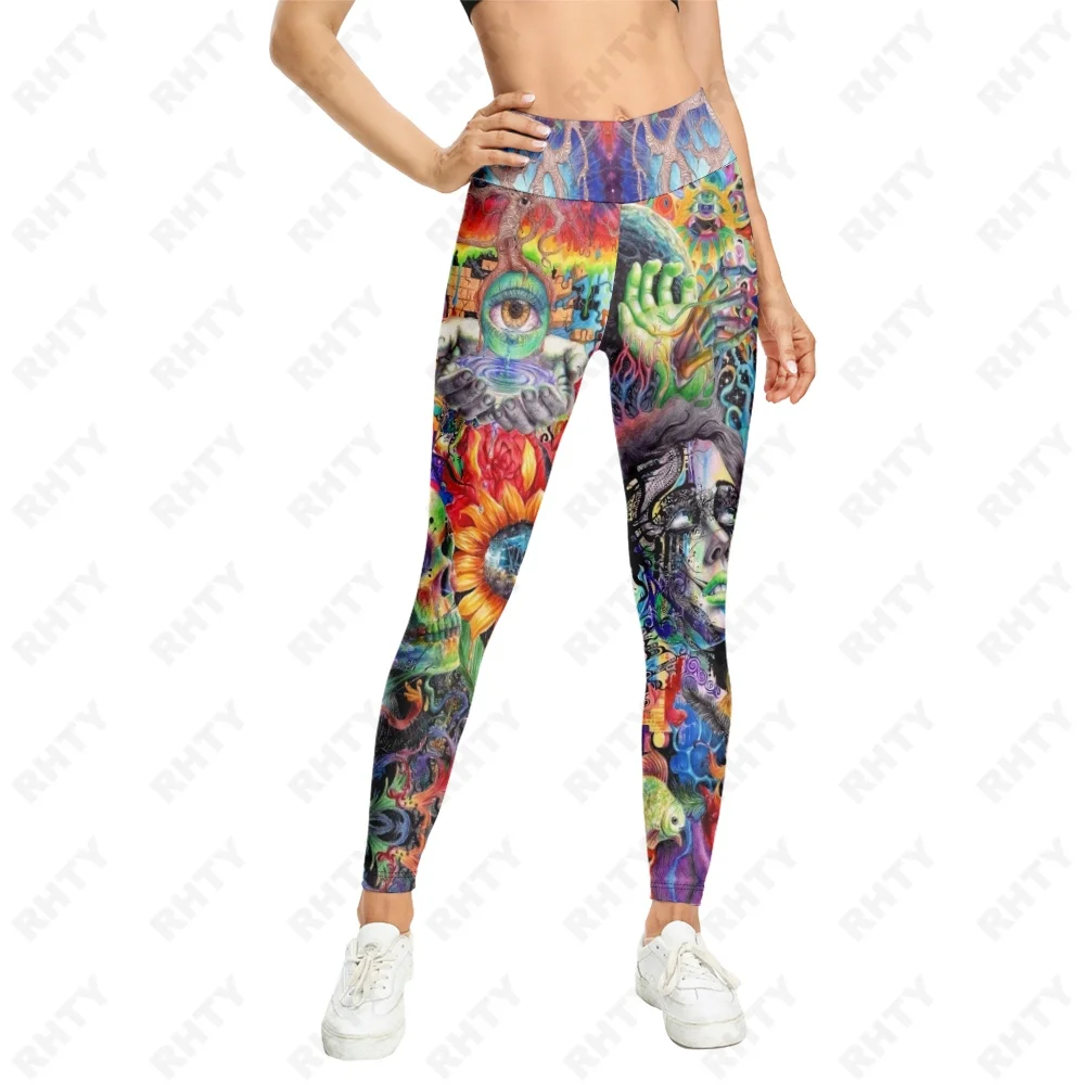 Rhty Merk Casual Vrouwen Legging Kleurrijke Leaf Weed Schedel 3D Gedrukt Broek Hoge Taille Stretch Naadloze Legging Sportkleding