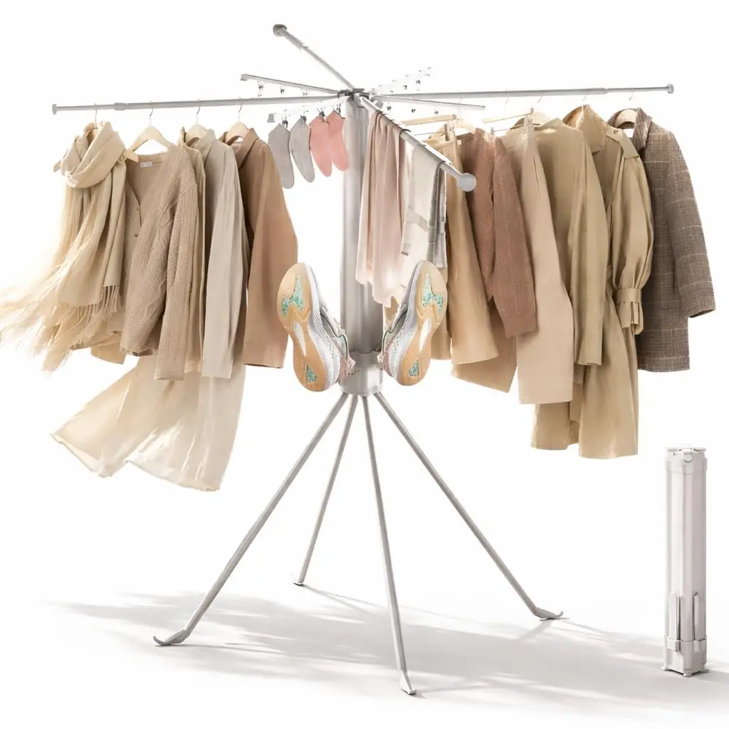 Heavy Duty 4-Leg Foldable Clothes Drying Rack With Shoe Holders And Sock Clips Portable Indoor Outdoor Laundry Stand