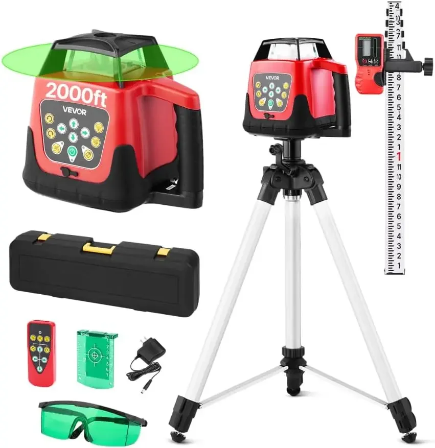 Rotary Laser Level Kit, 2000ft 360-Degree Self Leveling Green Horizontal Laser Transit,with Tripod,Receiver,Remote Control, Scal