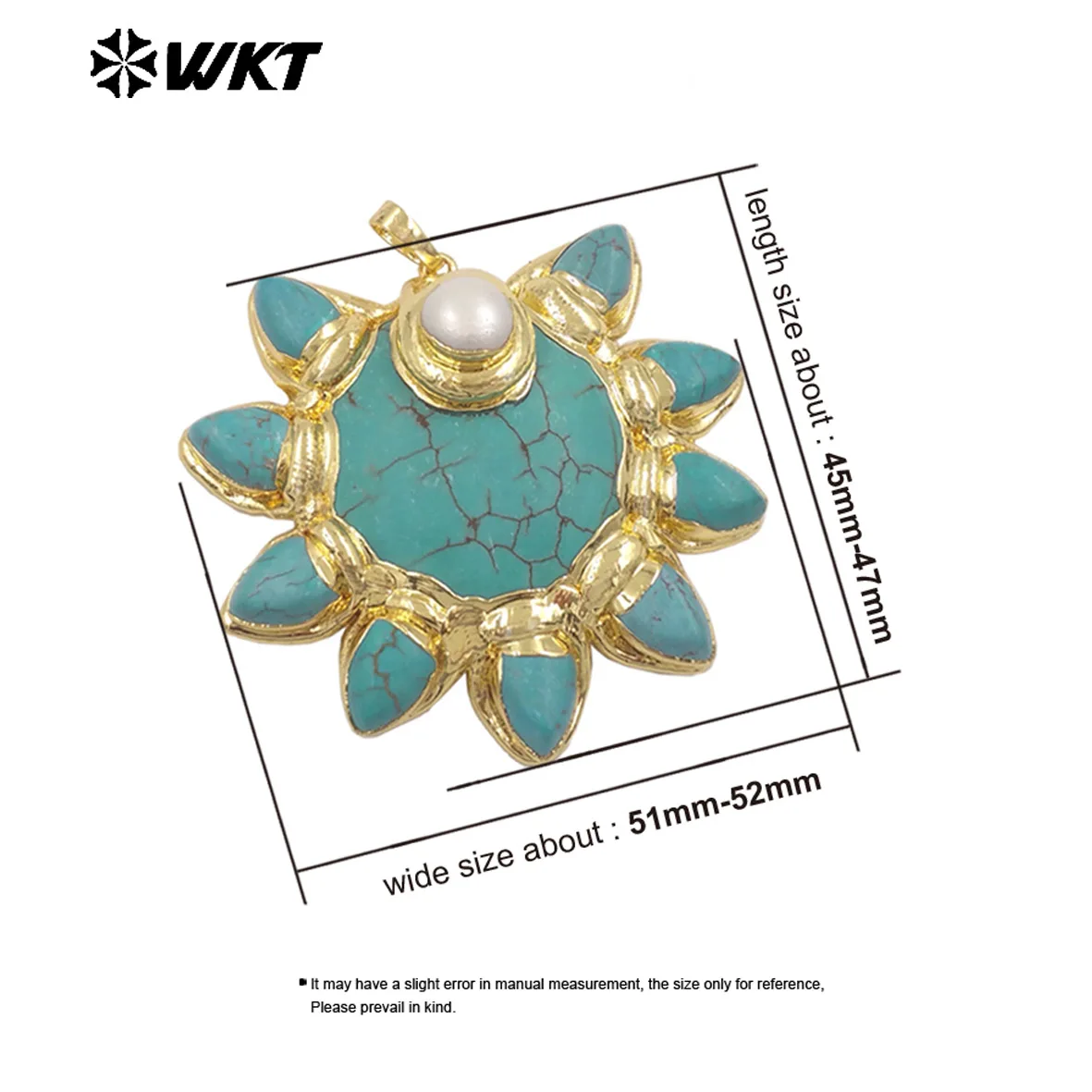 WT-P2032 Wholesale Unique 18K Gold Plated Natural Turquoise And Pearl Sun Shape Pendants For Necklace Making Accessory