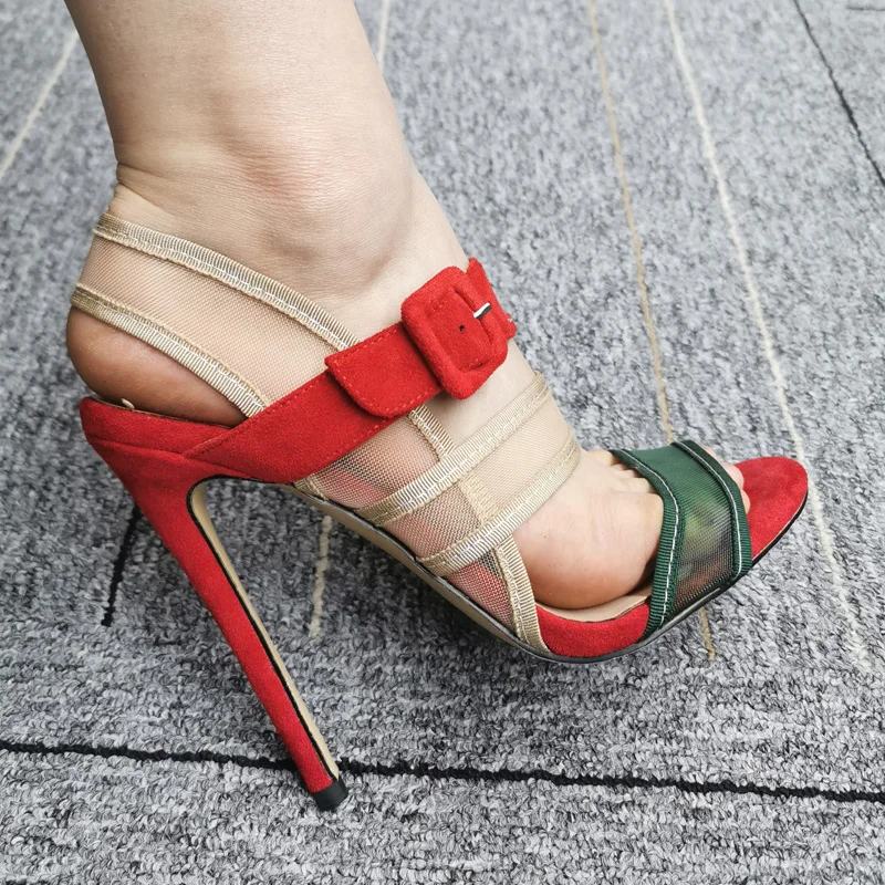 Onlymaker Women Stiletto High Heels Sandals Mesh Ankle Buckle Black Red Flock Peep Toe Large SizeSummer Sandals