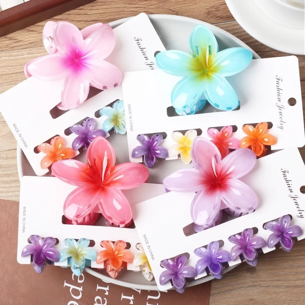 

5Pcs/Set New Gradient Hawaiian Flower Hair Clips Sweet Flower Acrylic Hair Claws Plumeria Flower Clamp Hairpin Summer