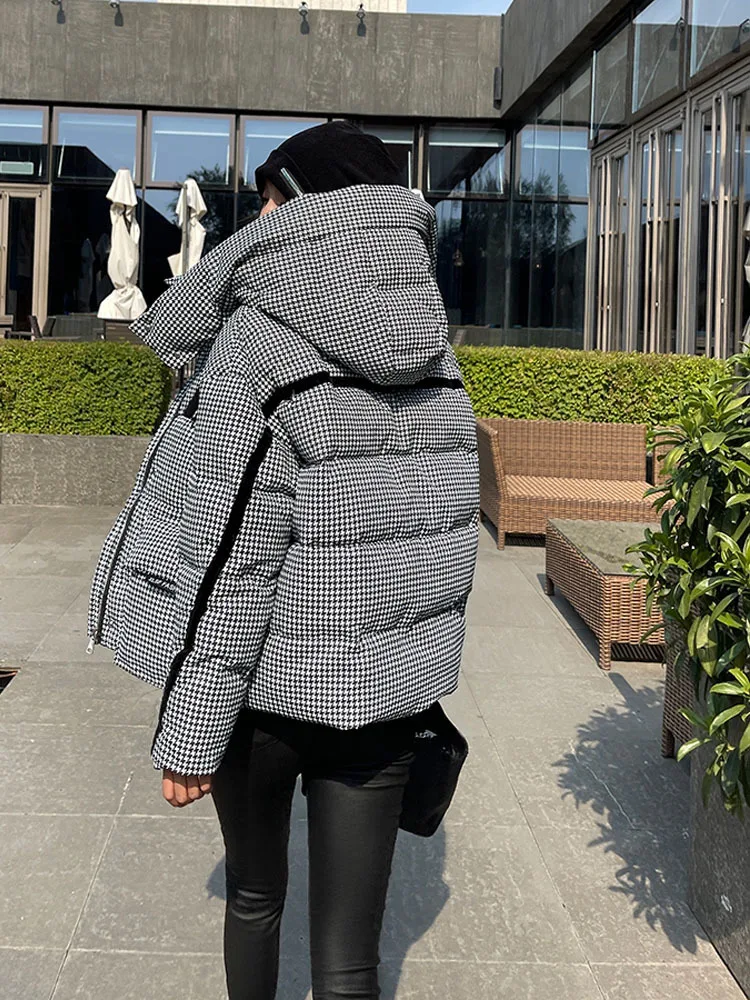 Jackets for Women 2022 Winter New Houndstooth Printed Women\'s Short Thickened Hooded Loose Cotton Quilted Coat