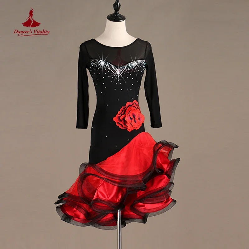 Nuevo vestido de baile latino/mujer/niñas hecho a medida profesional falda de Rumba trajes de salón vestido de baile de manga larga con diamantes de