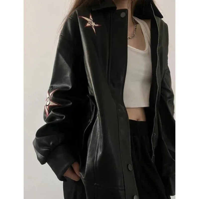 MEXZT Streetwear Pu Leather Jackets Women Oversized Embroidery Coat Harajuku Vintage Turn Down Collar Loose Casual Outwear Tops