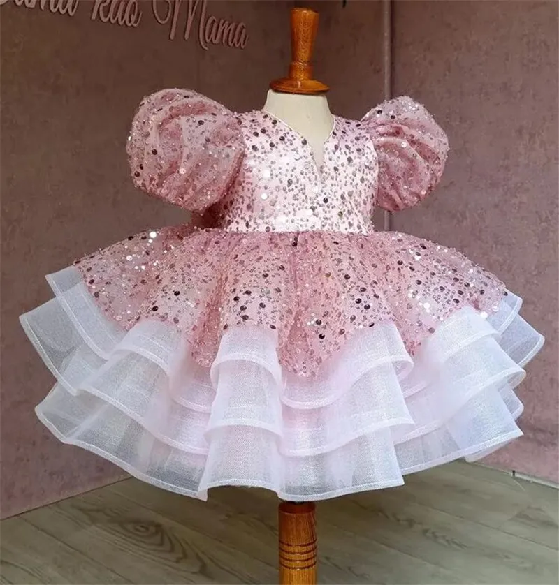 

Luxurious Pink Baby Girl Dresses Tulle Tiered Toddler Girls First Birthday Party Gown Christmas New Year Dress Gift 1-14Years