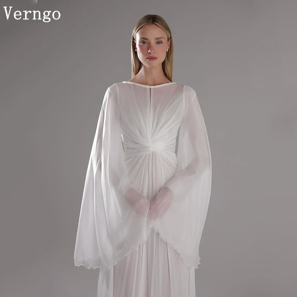 

Verngo lvory Chiffon Wedding Dress Boho O Neck Full Sleeves A Line Bridal Gowns Pleat Elegant Plus Size Bride Dresses Customized