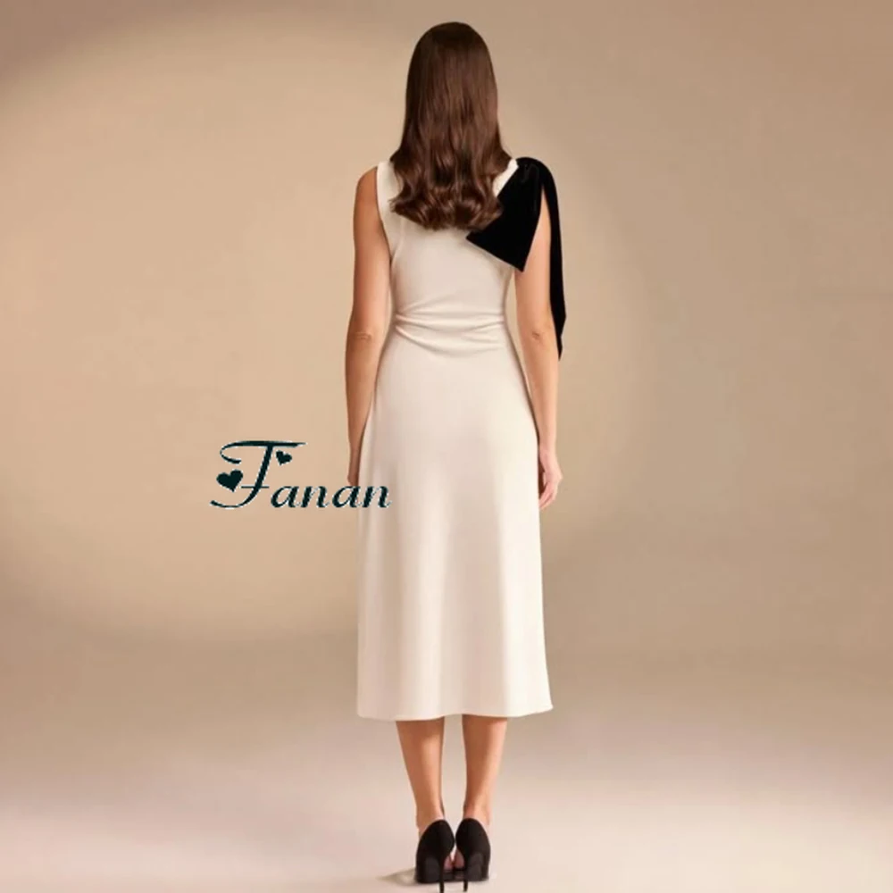 Customized White Jersey A-line O-neck Formal Evening Dress Contrast Color With Bow Sleeveless Tea-Length Party Prom Gowns