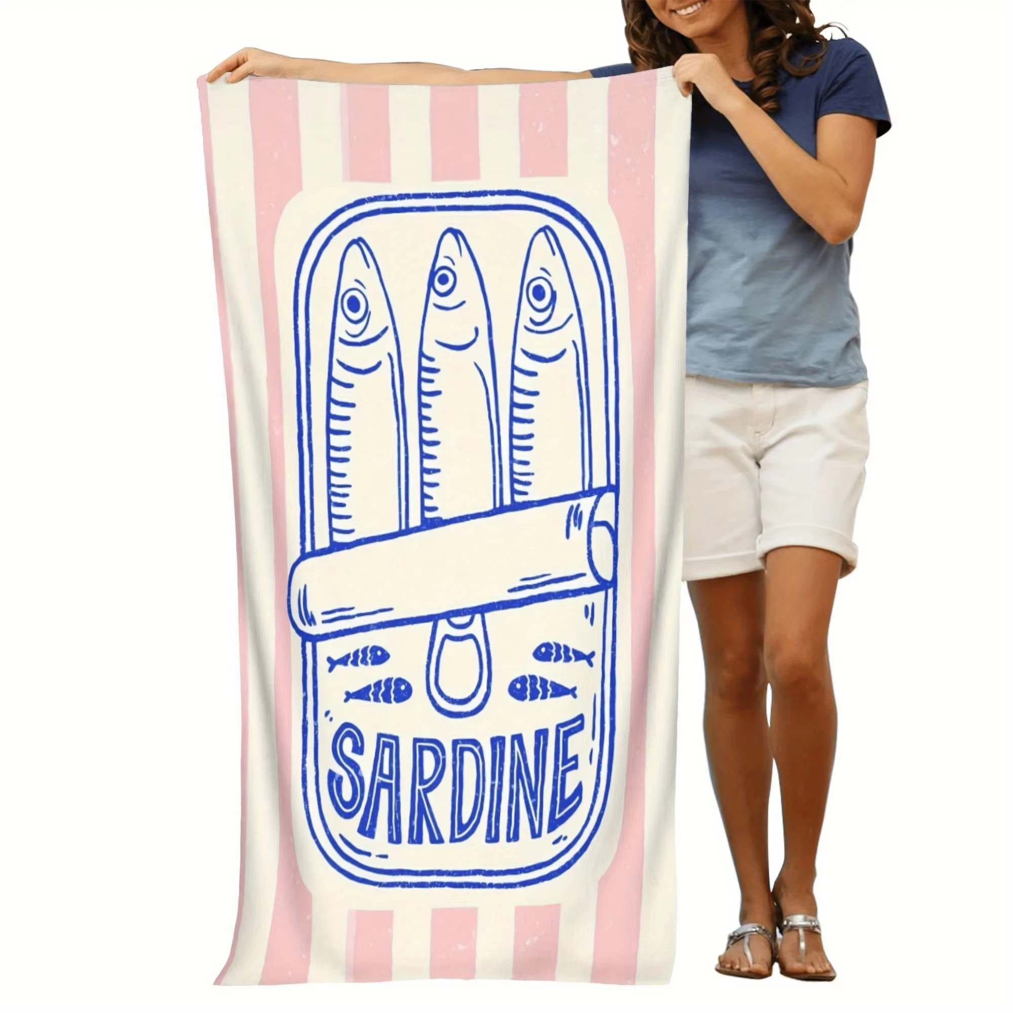 Toalla de Playa de Microfibra con Diseño de Sardinas, Rayas Rosas e Ilustraciones de Sardinas, Ligera, de Secado Rápido y Compacta para Baño y Playa