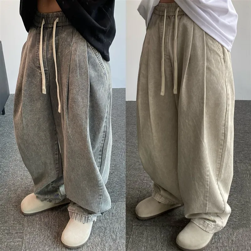 

Американские ретро-джинсы свободного кроя для мужчин, прямые брюки с эластичным поясом, широкие штанины, повседневная рабочая одежда, модные длинные брюки