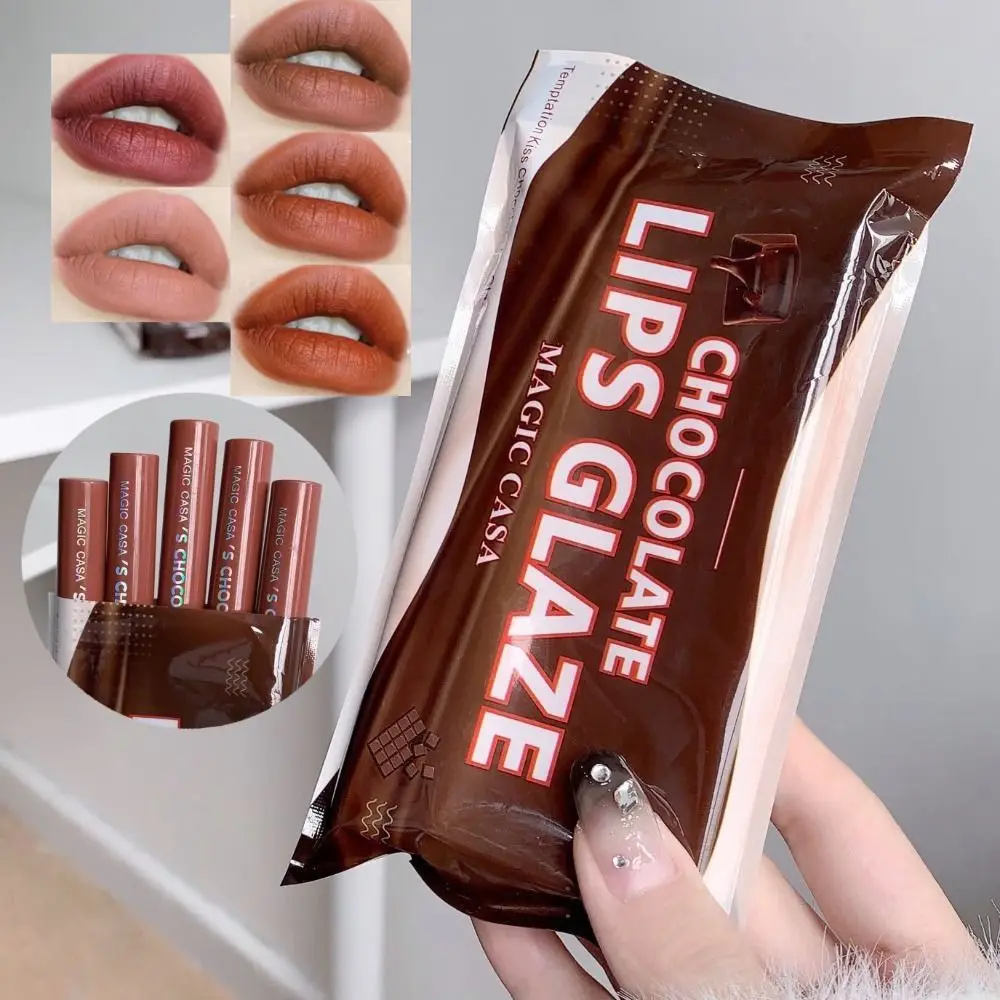 

5Pcs Gift Moisturizing Chocolate Lip Glaze Set Sweet Shining Liquid Lip Tint Non Fade Smooth Water Light Lip Gloss Women