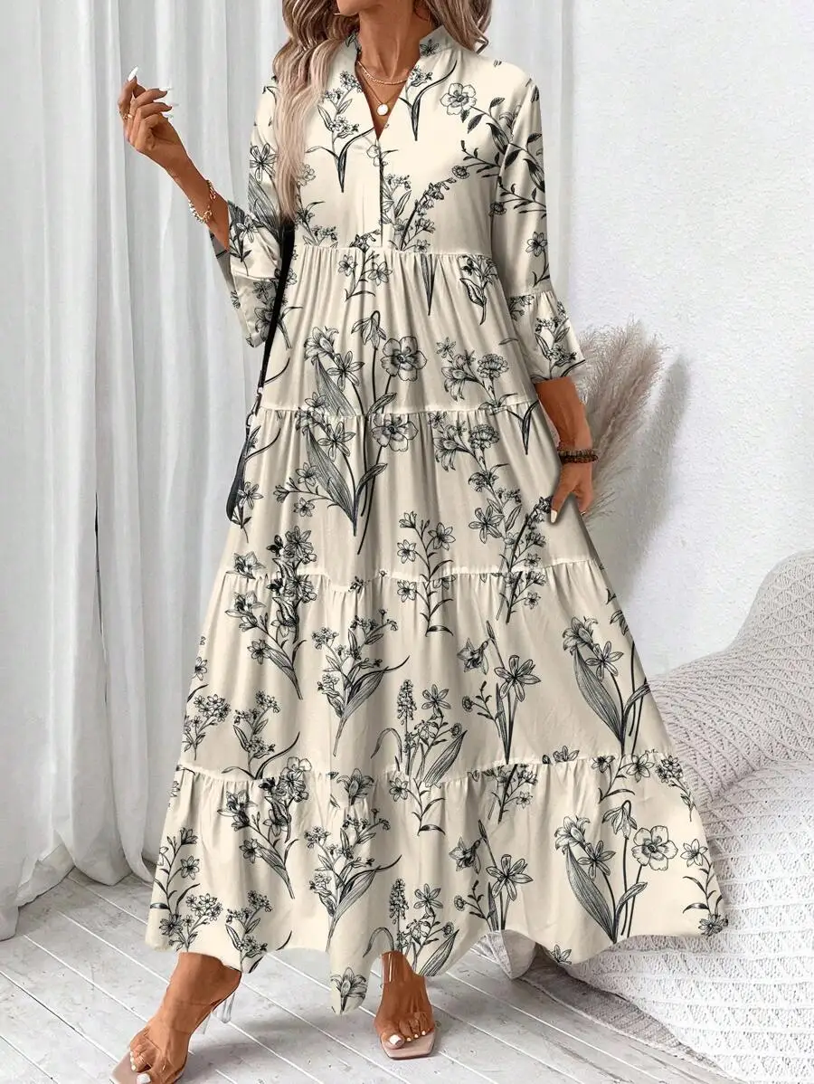 

Cream Floral Print V-Neck Tiered Long Sleeve Maxi Dress for Women