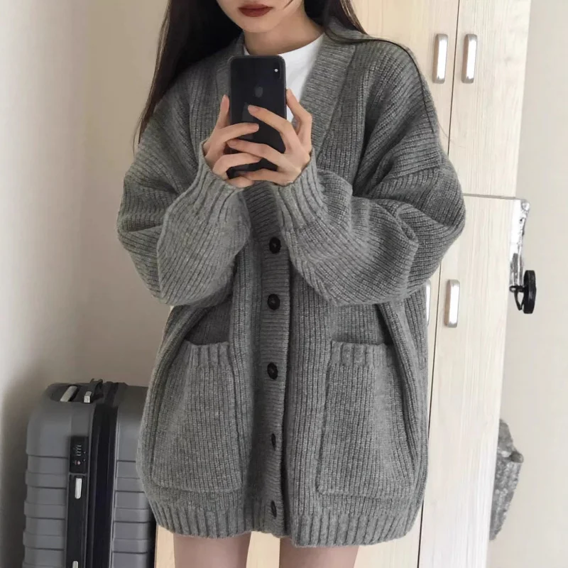 

Gray Mid-Length Sweater Coat Women, Autumn And Winter Outerwear, Japanese Style, Lazy Retro, Soft Knitted Cardigan