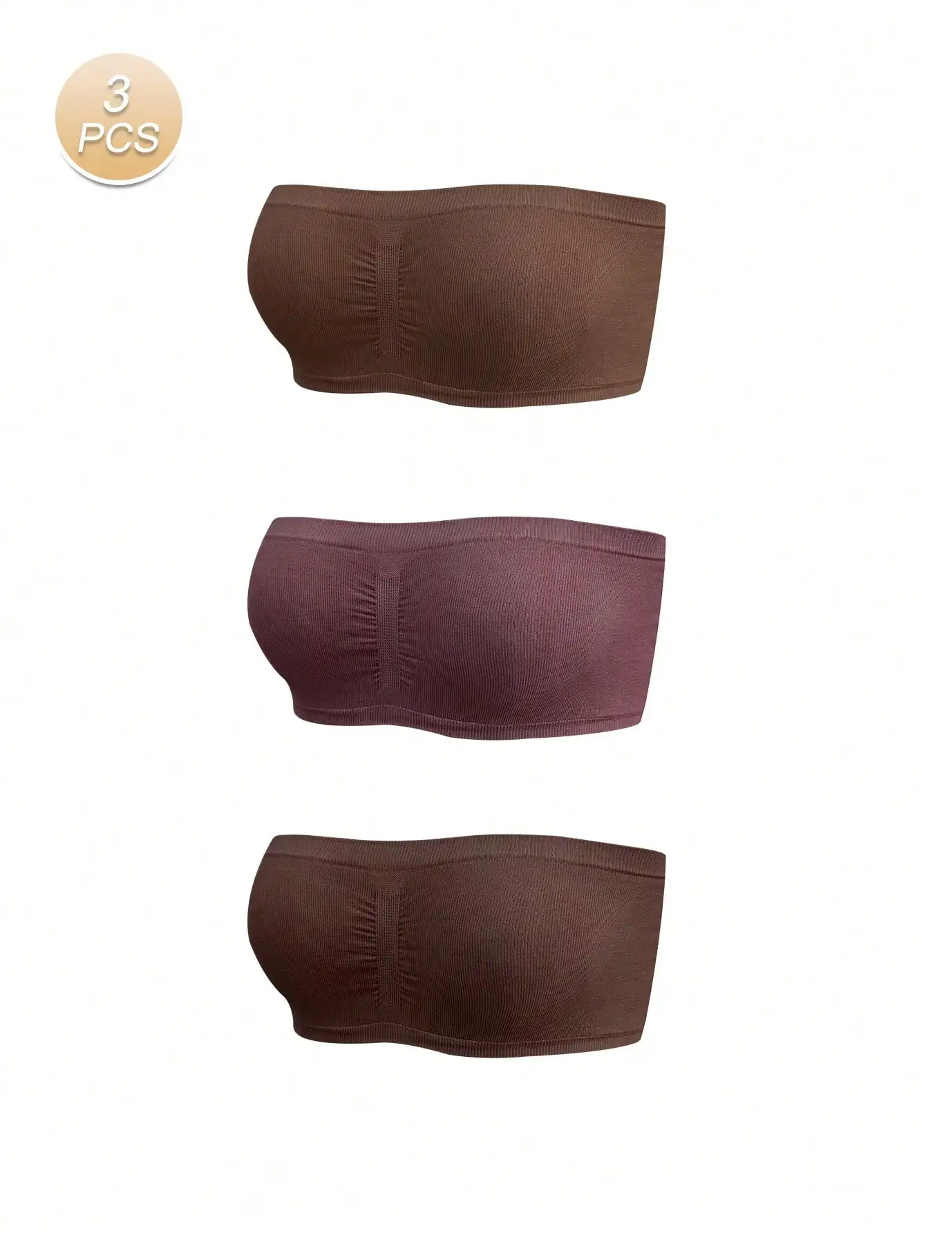 3Pcs Women Ribbed Ruched Strapless Bandeau Bra, Wirefree Seamless Tube Top Bralette, Removable Pads Inner Underwear Multipack