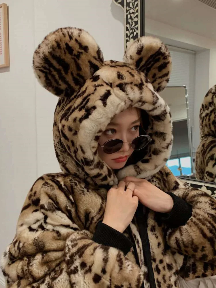 Hooded Bear Ear Fur Coat Loose Leopard Pattern Long Sleeve Parkas Imitation Rabbit Fur Thickening Keep Warm Plush Women Jacket