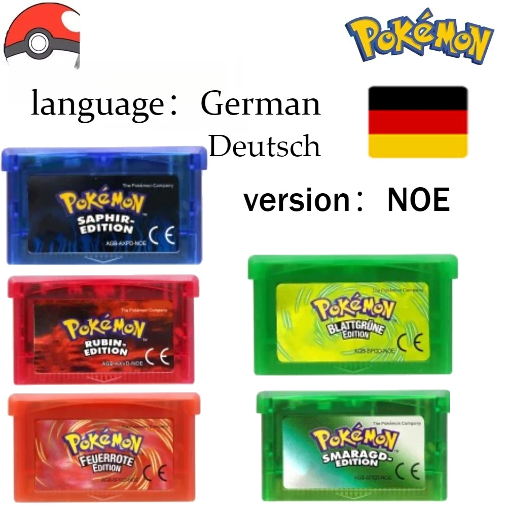 

German Language GBA Game Cartridge 32-Bit Video Game Console Card Smaragd- Feuerrote Rubin Label for GBA NDS Gift