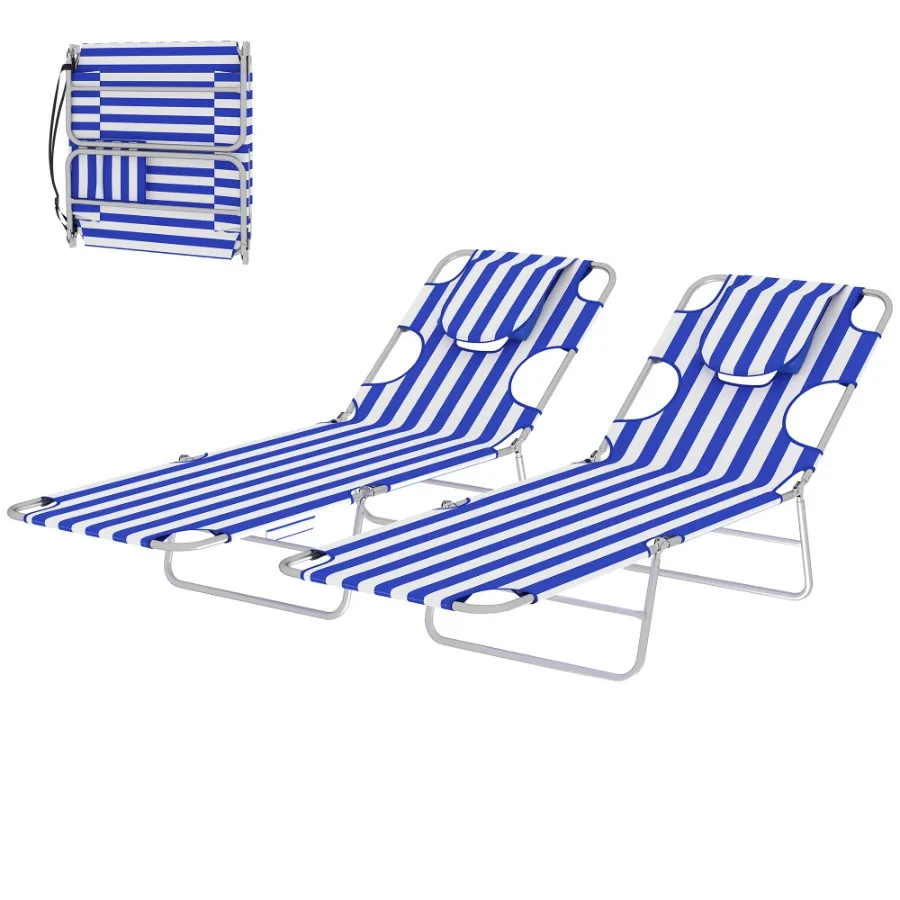 2 Sillas de Bronceado con Orificio para la Cara, Tumbona Ajustable de 5 Niveles para Exteriores con Almohada para Playa y Piscina, Rayas Azules