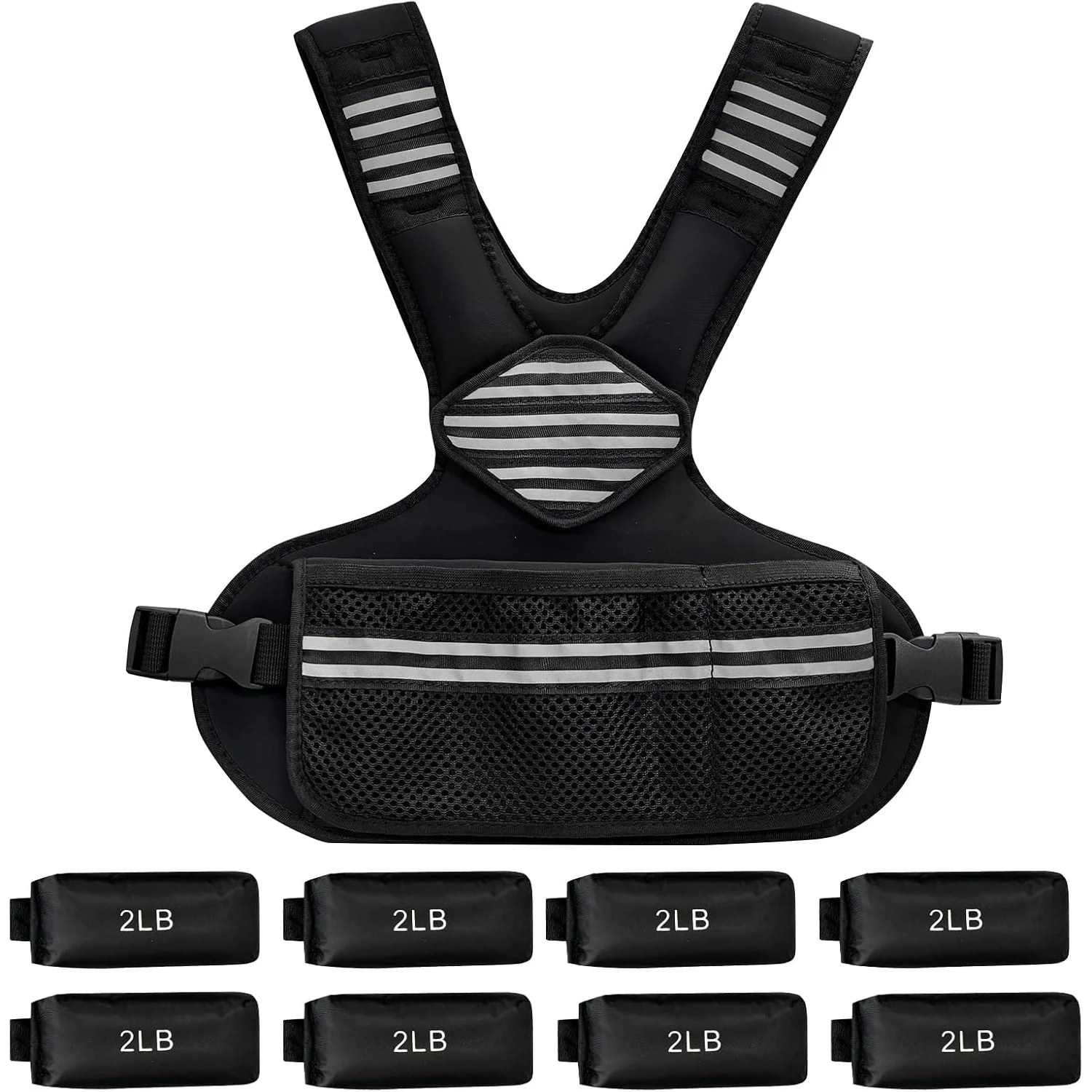 Gilet lesté respirant en néoprène avec 8 poids réglables en sable de fer - Bandes réfléchissantes, poche, pour la marche et le rucking (Femmes/Hommes)