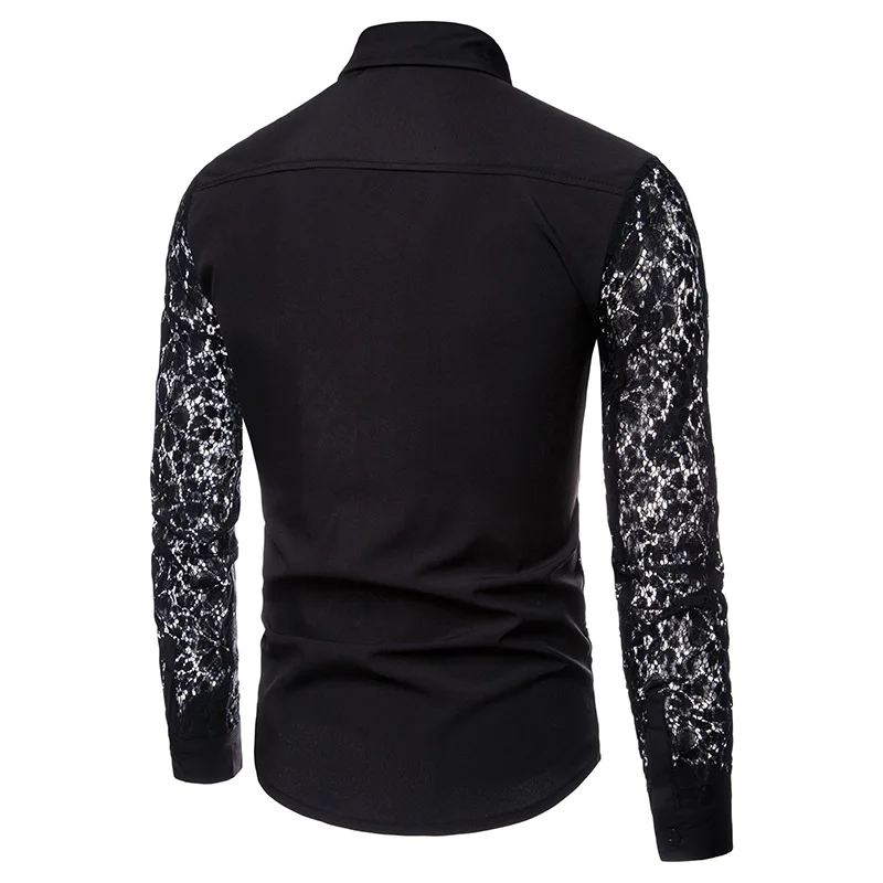 Black Lace Shirts for Men Spring Slim Fit Long Sleeve Mens Autumn Dress Shirts Nightclub Prom Marriage Shirts Camisas blusas XXL