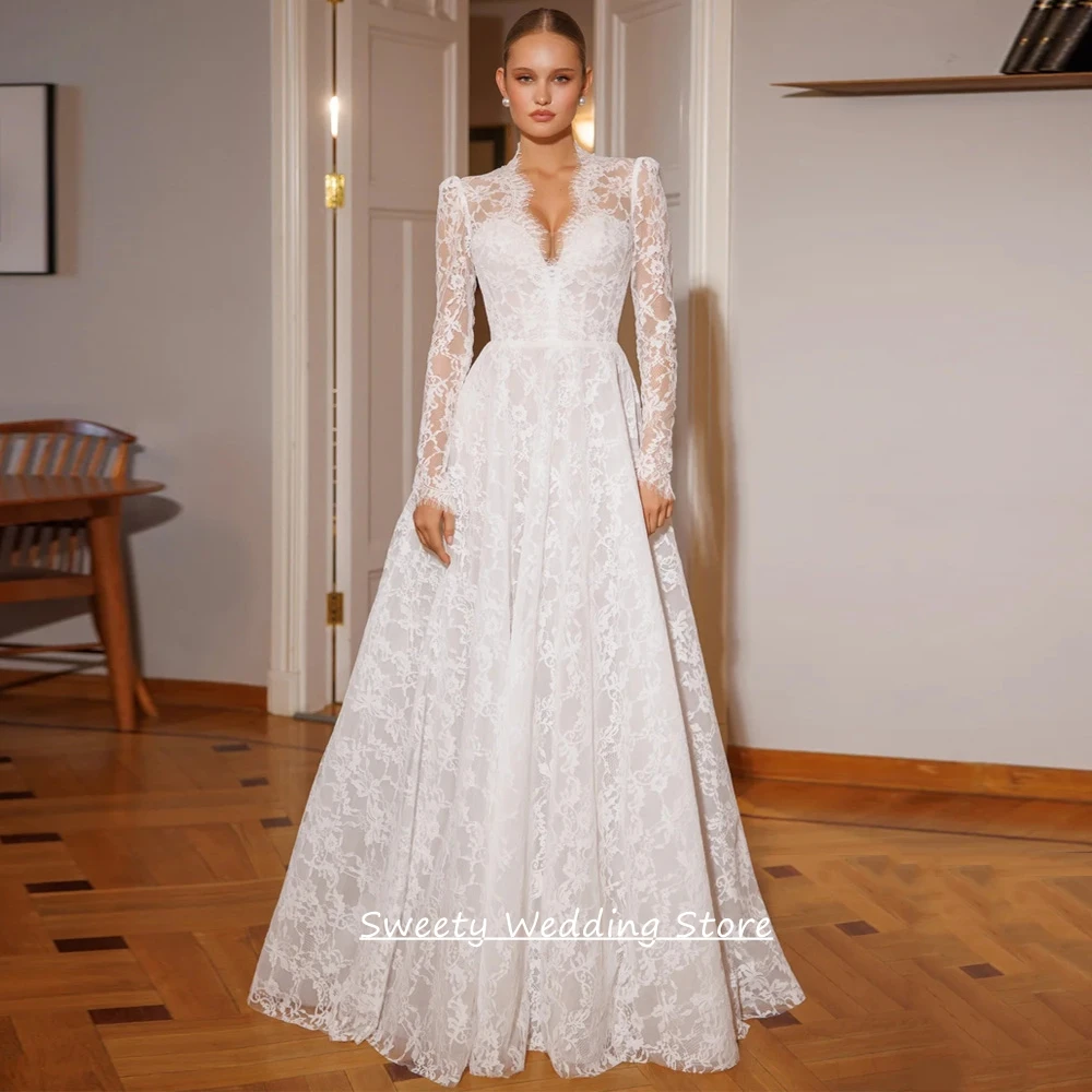 Customized Lace Wedding Dress New Arrival Long Sleeves V Neck back Zipper Sweep Train A Line Bride Bridal Gown for Lady