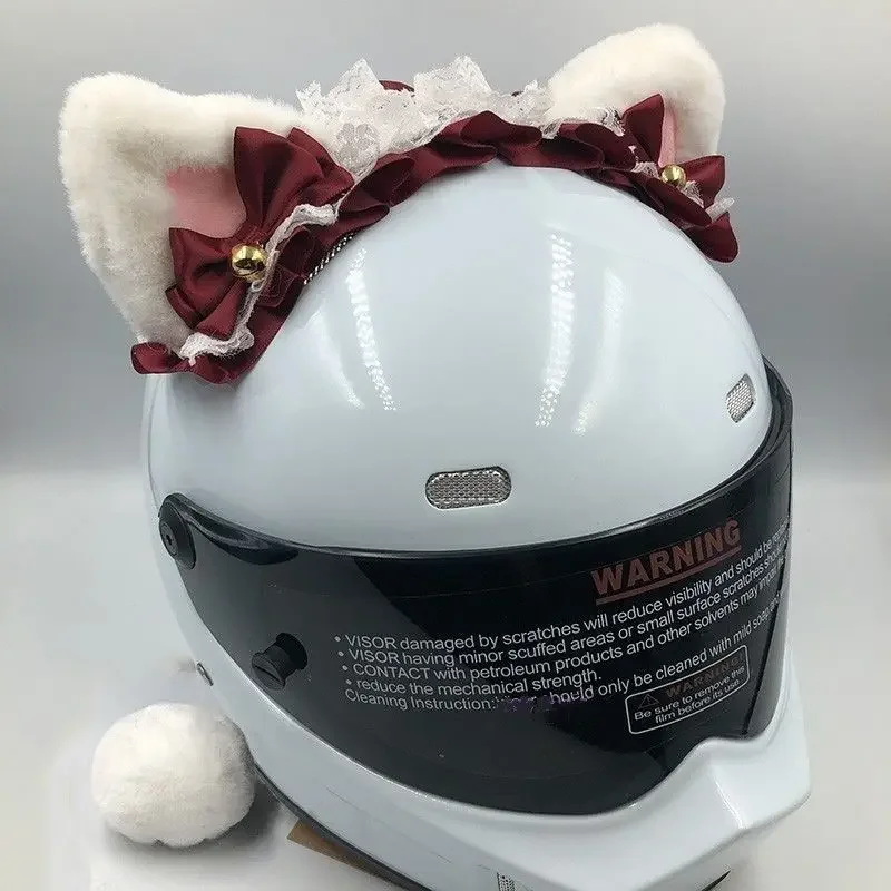 2Pcs Creative Cute Motorcycle Helmet 3D Plush Cat Ears with Tail Helmet Decor Sticker Cosplayer Styling (Excluding Helmets)