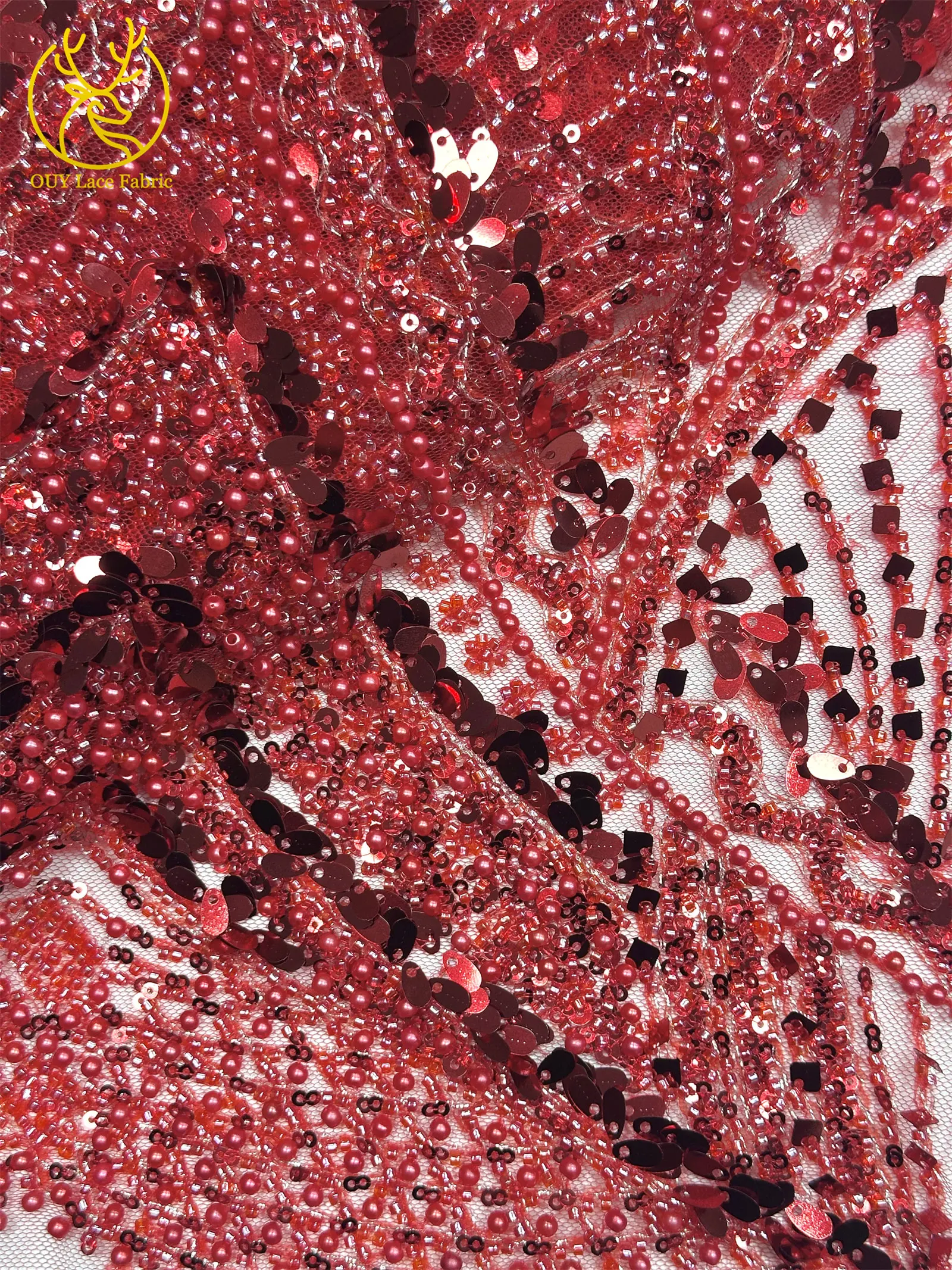Roter afrikanischer Perlen-Spitzenstoff 2026, hochwertiger französischer nigerianischer Pailletten-Spitzenstoff für Damen, Hochzeit, Party, Kleid, Nähen – Detail 8