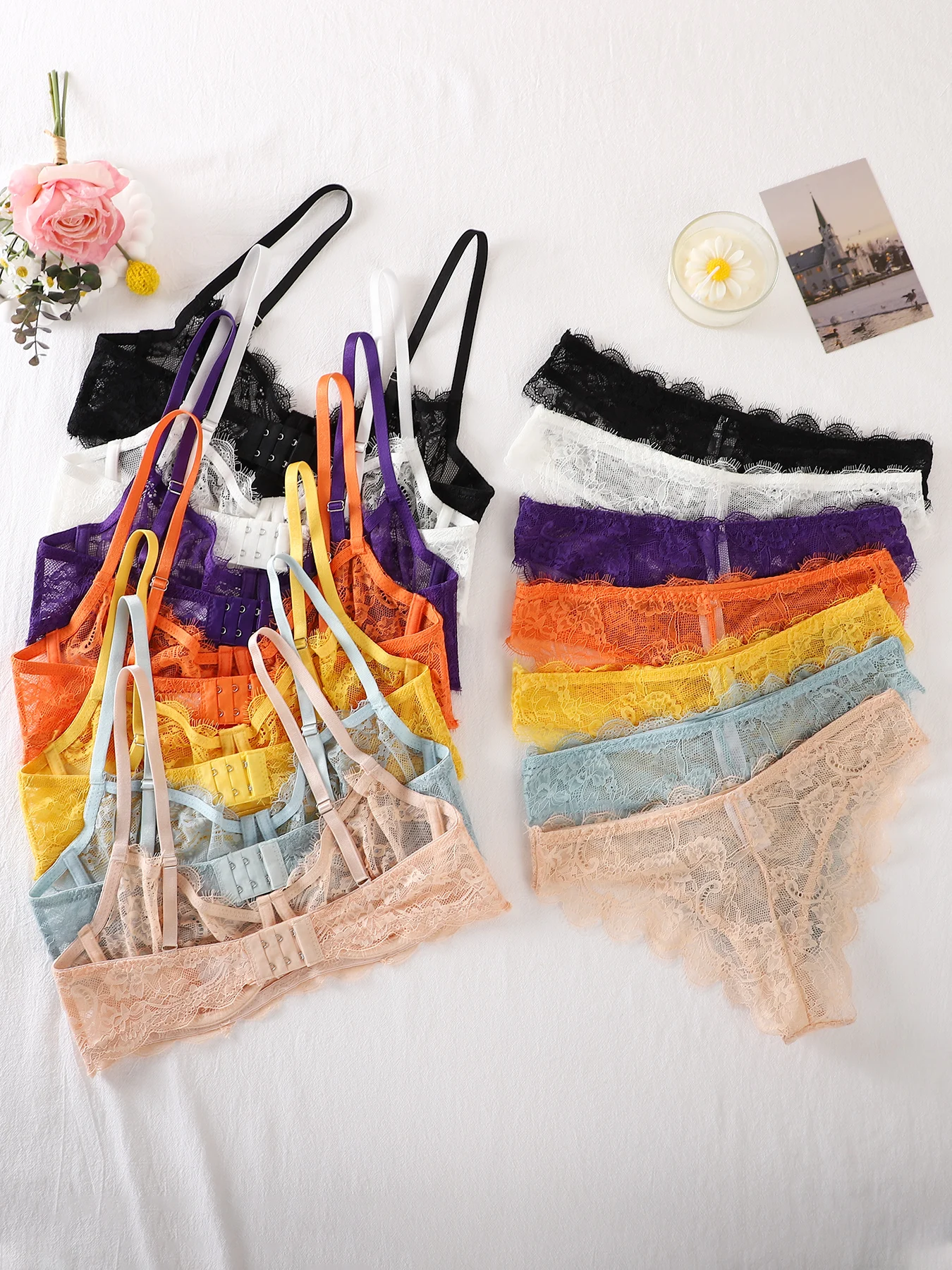 طقم مكون من قطعتين - حمالة صدر دانتيل + طقم سراويل داخلية - طقم حميم شفاف من الدانتيل - متعدد الألوان اختياري - طقم حميم نسائي من الدانتيل - طقم حميم مثير - مع حلقات فولاذية #2