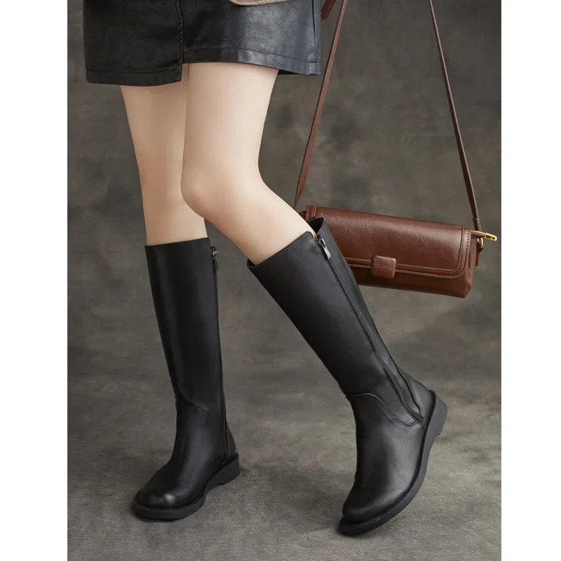 Koznoy 3cm British Natural Genuine Leather Zip Spring Flats Boots Ladies Fashion Knee High Booties Women Chimney Autumn Shoes