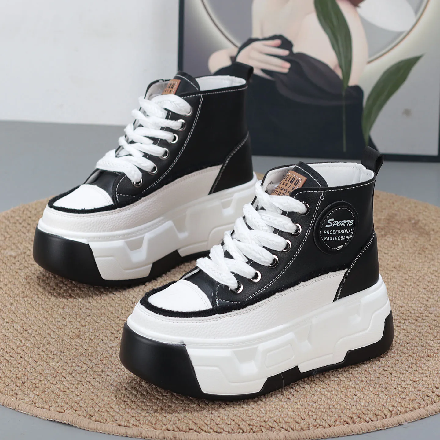 

2025 Fall Thick Sole Platform Sneakers 8CM Height Increase White Canvas Shoes Lightweight Fashionable High Top Boots