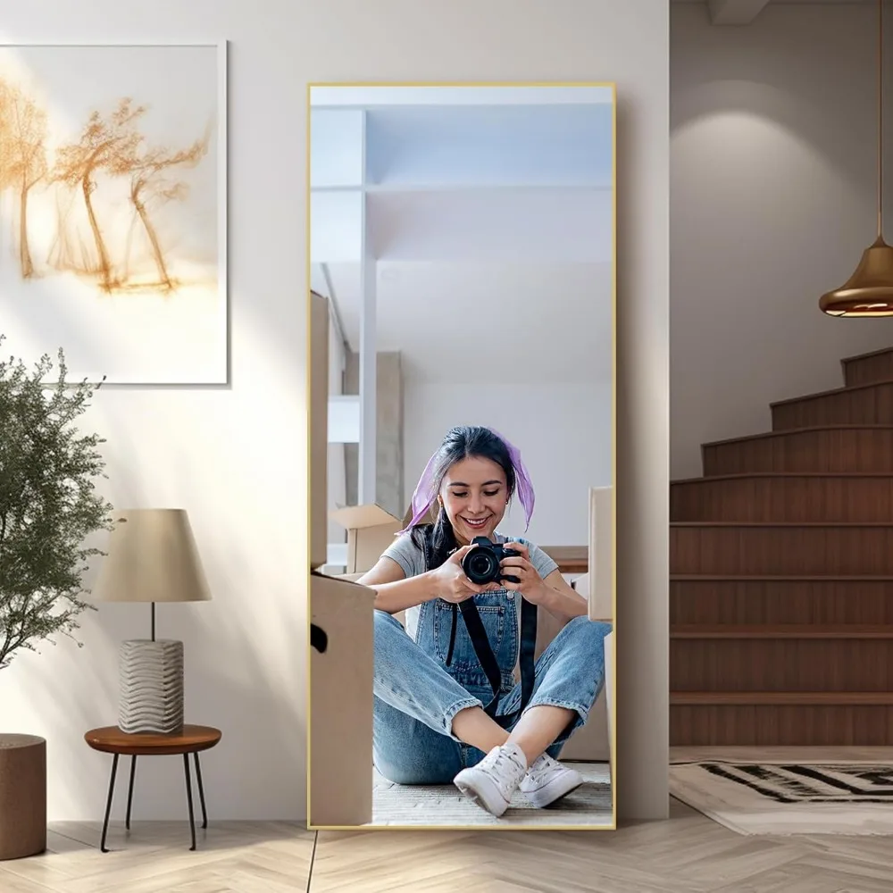 Espelho grande de corpo inteiro com suporte, 26 x 71, retângulo dourado grande, ideal para parede do quarto e vestiário
