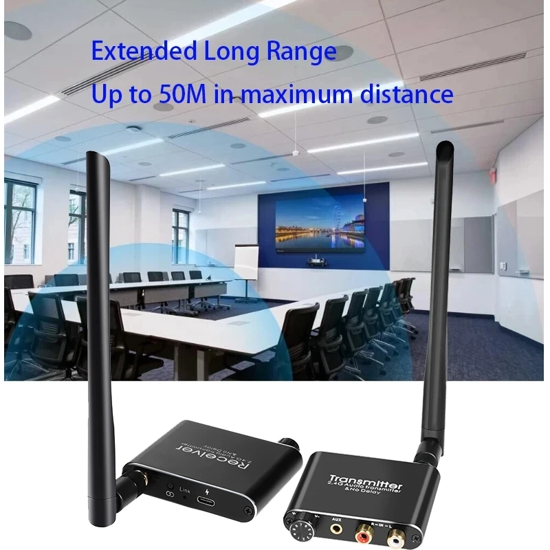 Digital Wireless Audio Transmitter and Receiver, 50M 2.4G Audio Adapter with 3.5mm and RCA Converter description 8