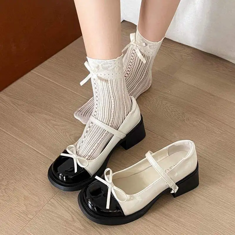 

Французские туфли Мэри Джейн на высоком каблуке, новые ретро-туфли на толстом каблуке с бантом, летние туфли-лодочки 2026 года