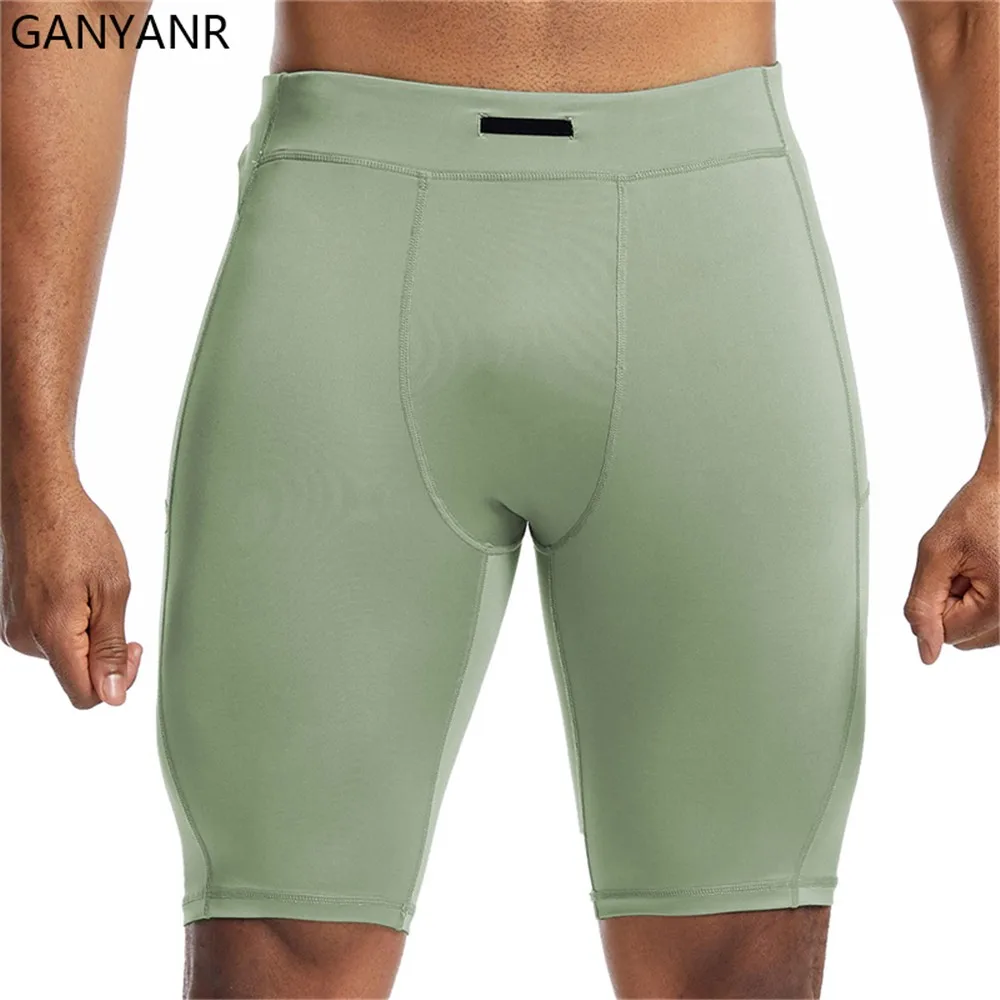 GANYANR mens running tights shorts with pockets Compression Cycling Yoga workout Leggings Football Sports gym basketball soccer