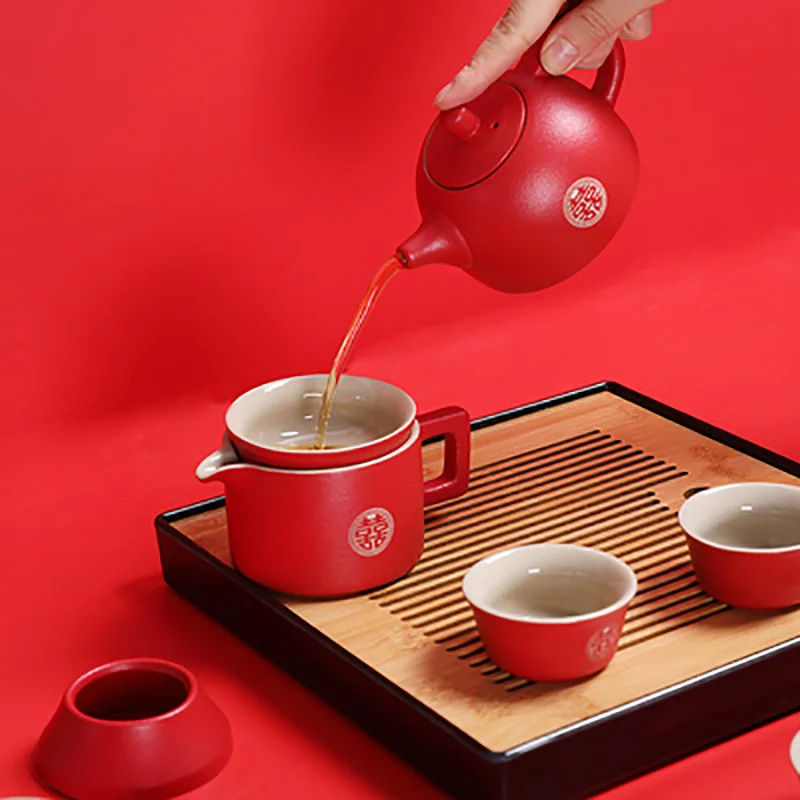 Ceramic Teapot With Infuser Porcelain Tea Pot Teaware For Loose Leaf Tea Chinese Red Wedding Gift Party Family Newlywed