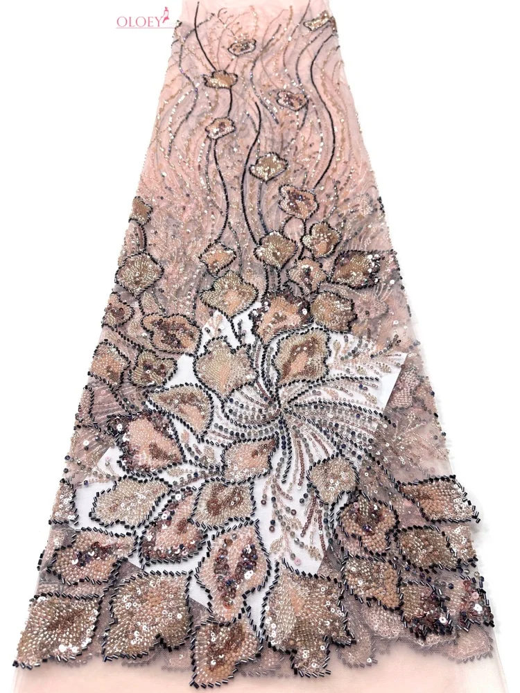 

OLOEY Luxury African Lace Fabric High Quality Sequins Beads Lace Fabrics For Nigerian Wedding French Tulle Lace Fabric 5yards