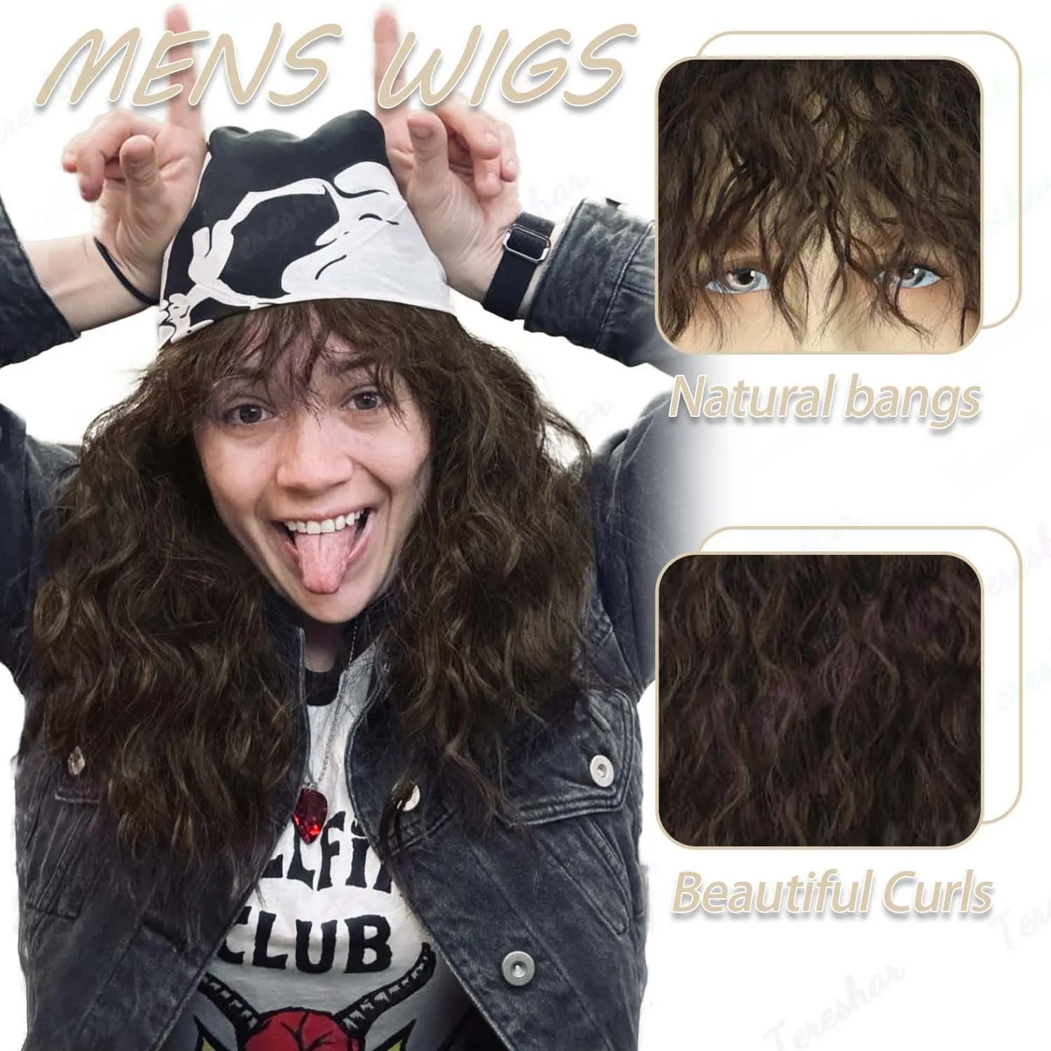 Synthetic Men’s 80s Brown Mullet Wigs Male Hair Punk Metal Rocker Wig,Eddie Costume Wig for Halloween Party Use,Multi-colore wig image 3