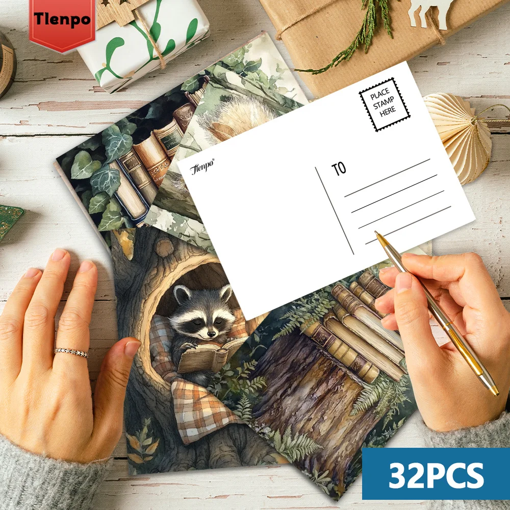 32pcs, Forest Bookshop postcards,   animal collage cards, wall art cards, planner cards, greeting cards, greeting card gift sets