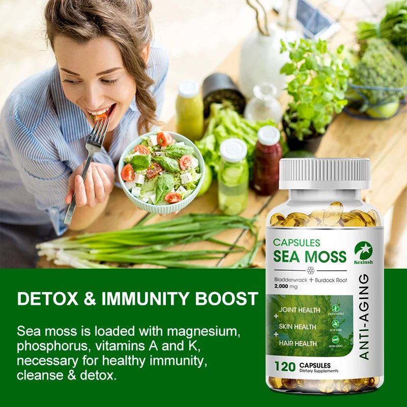 Kexinsh 60/120 Sea Moss Capsules Raw Organic Rich In Vitamin Mineral Boost Immune System Sea Moss Extract Supplement