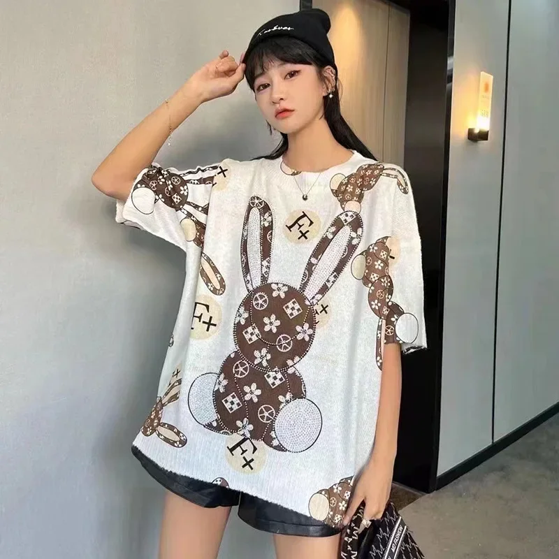 2023 Classic Printed T Shirts Women Summer Clothes Casual Cartoon Pattern Diamonds Female Short Sleeve Tops Tee женская одежда