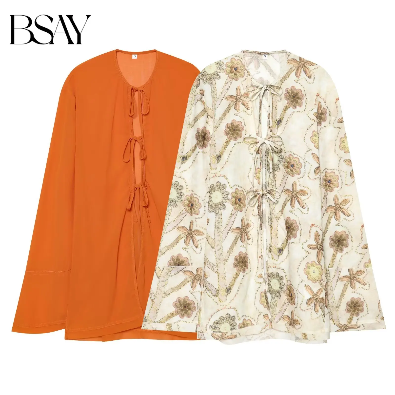 BSAY 2026 New Women Romantic Style Round Neck Tie Front Long Sleeve Blouse Floral Print Solid Color Beach Cover Up Casual Tops