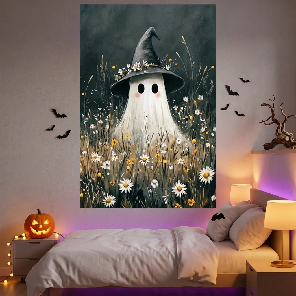 Cute Witch Ghost Wildflower Daisy Tapestry, Spooky Halloween Aesthetic Wall Tapestry, Room Decor Items Bedroom Dorm Background